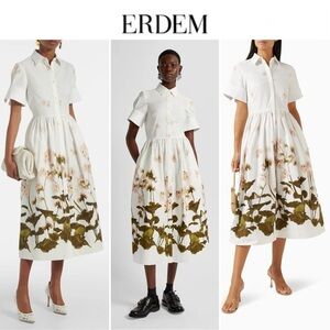 ERDEM Short-Sleeve Midi Shirt Dress in Cotton White and Green Floral 0 NWT 1345$
